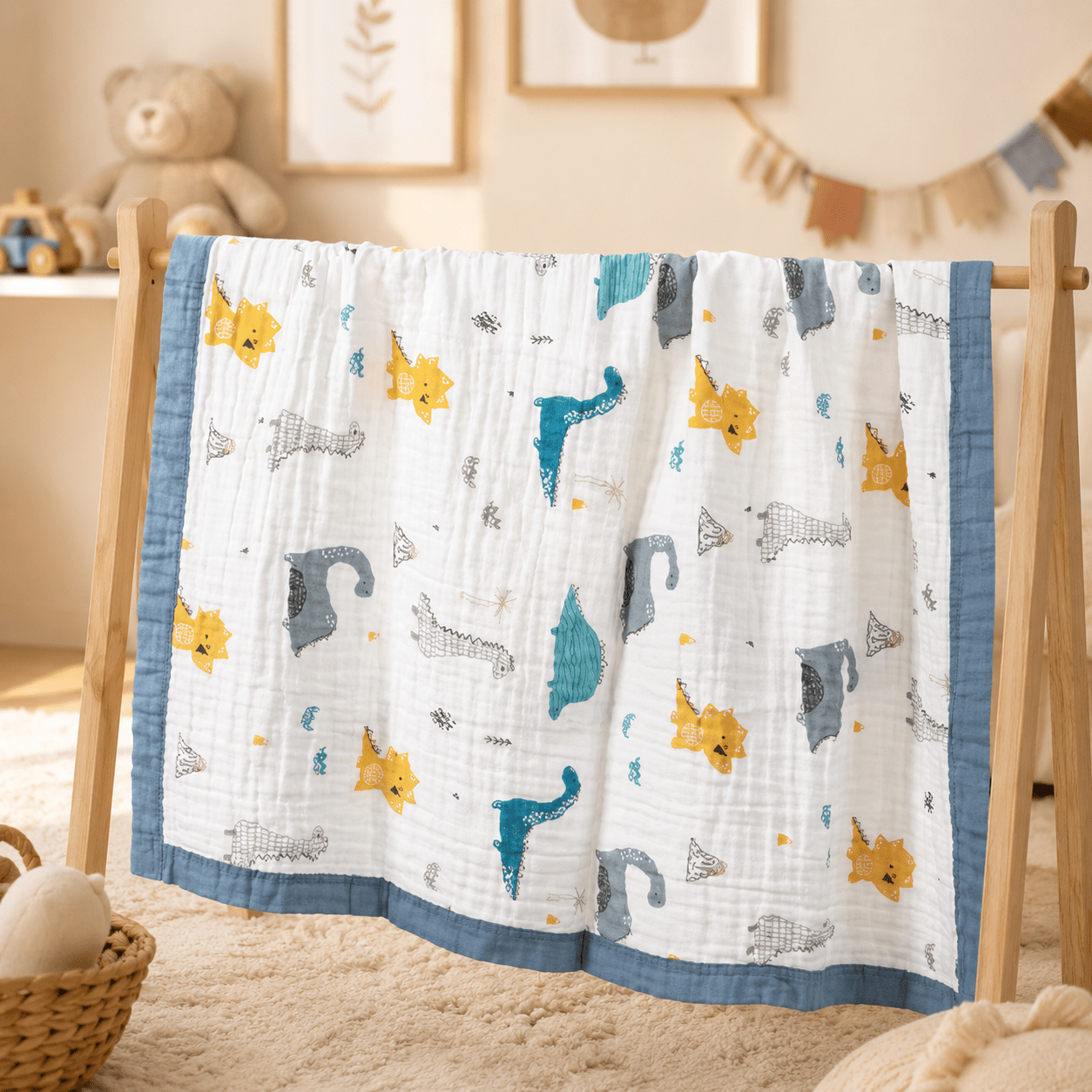 6-layer cotton gauze swaddle blanket in Blue Dinosaur pattern draped on wooden nursery rack